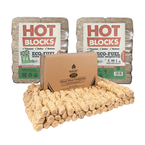 Hot Blocks Twin Pack & Firelighters Bundle Wood Fuel Starter Pack